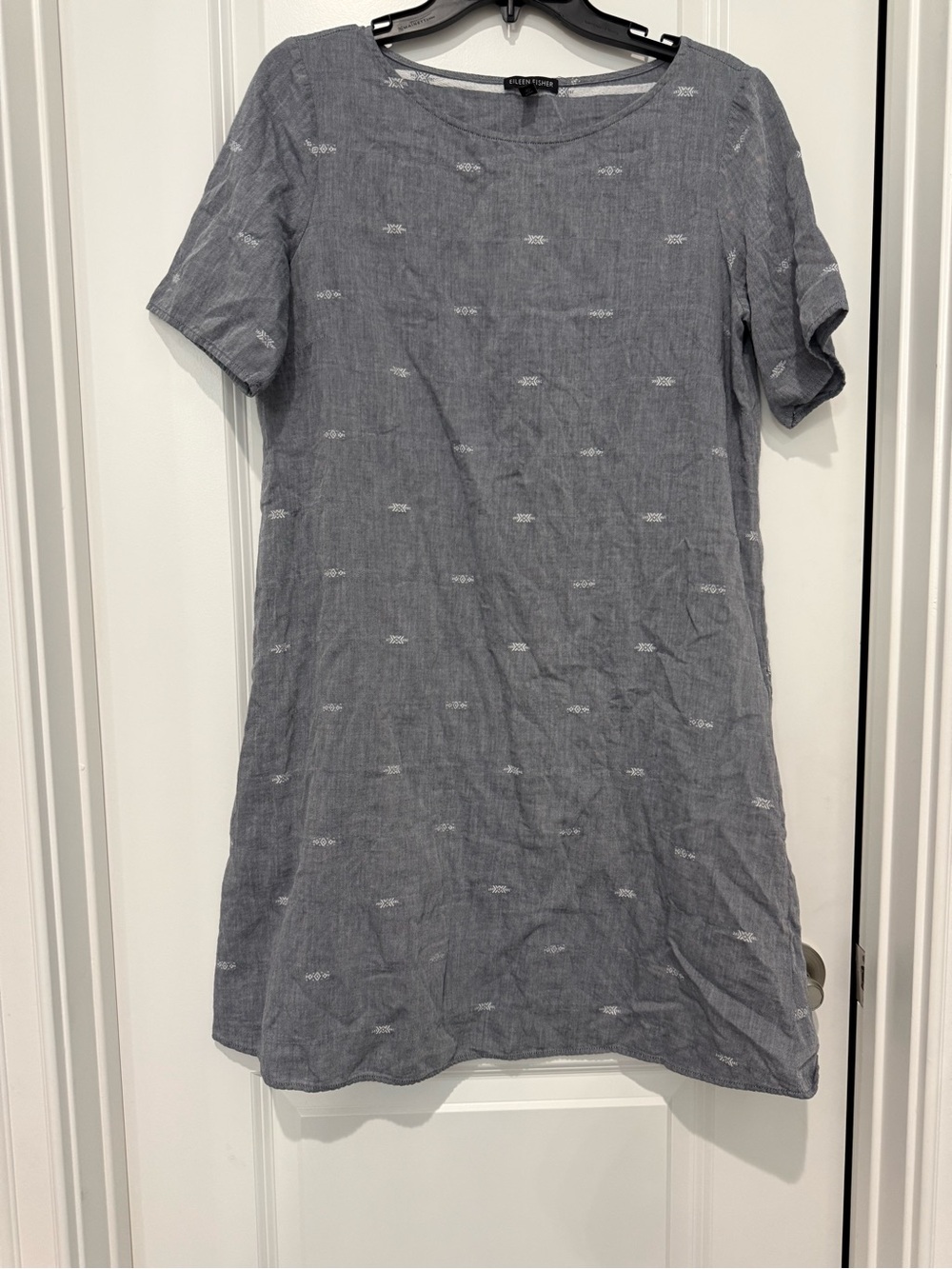 Eileen Fisher Slate Blue Short-Sleeve Linen Shift Dress